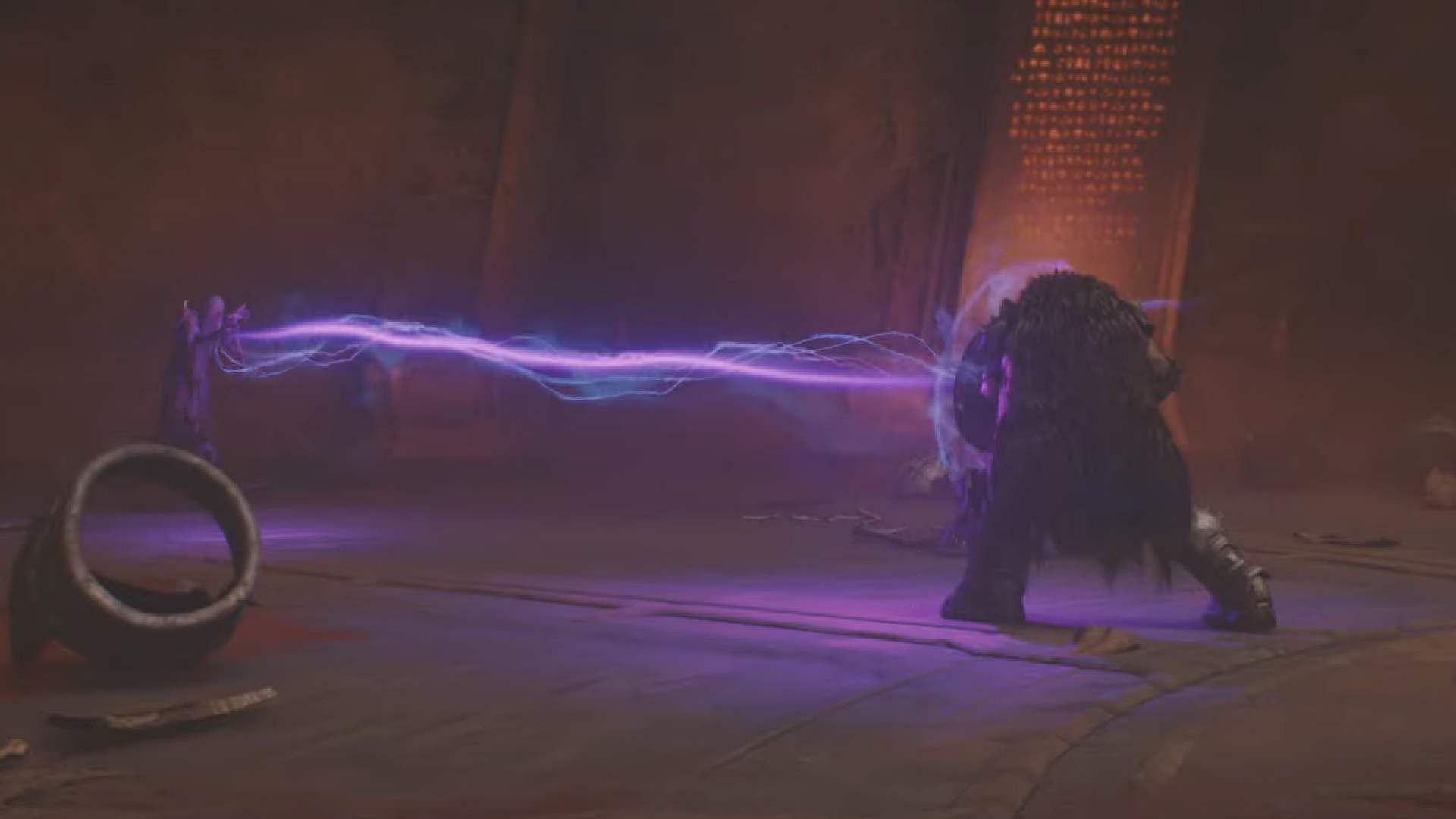 A cut scene showcasing Slayer, deflecting the Witch's projectile (Image via Sportskeeda Gaming/Bethesda Softworks)